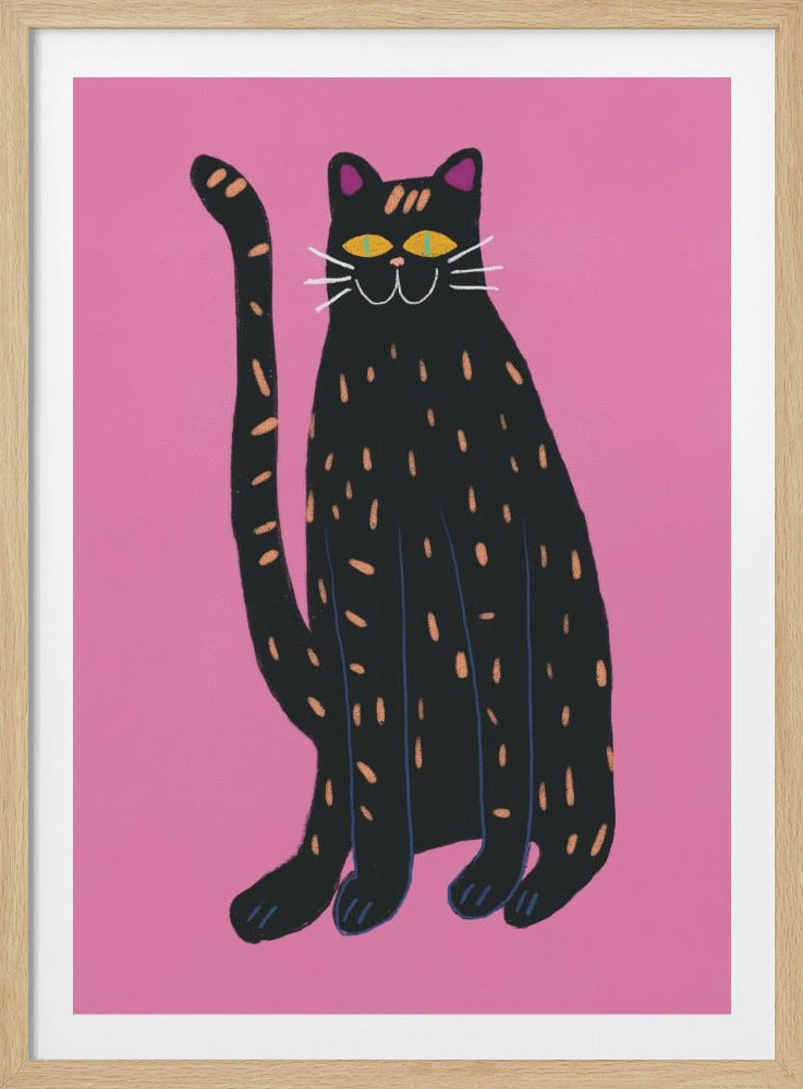 A stylized illustration of a sitting black cat covered in orange speckles against a solid bright pink background. The cat has yellow eyes, white whiskers, and a long tail curled upwards. Wall Art