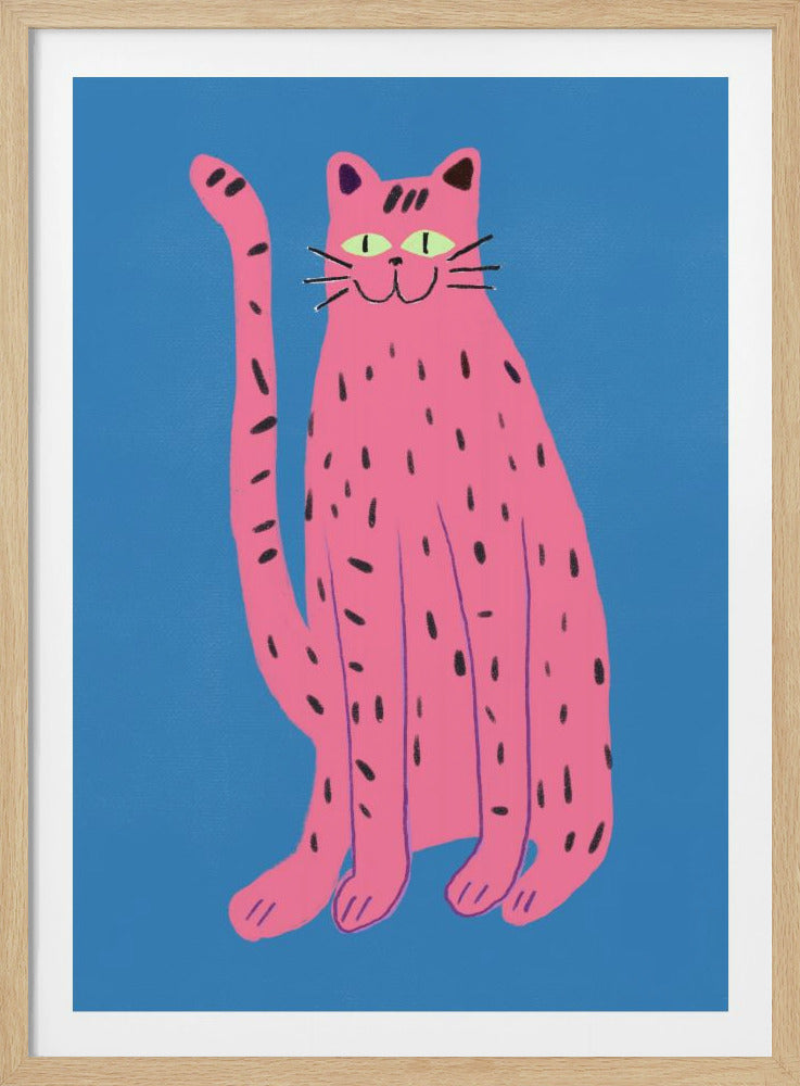 A stylized, modern illustration of a pink cat with black spots sitting against a solid, bright blue background. The cat has green eyes, a whimsical smile, and a very long tail curled upwards. Print