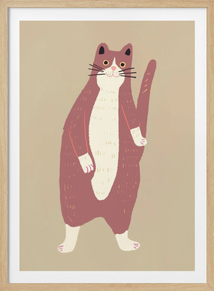 A stylized, full-body illustration of a chubby cat standing on its hind legs against a solid beige background. The cat is a dusty rose color with a white chest, belly, and paws. It has a cheerful expression with yellow eyes and long black whiskers, and its tail is held straight up. The artwork is framed in black. Poster
