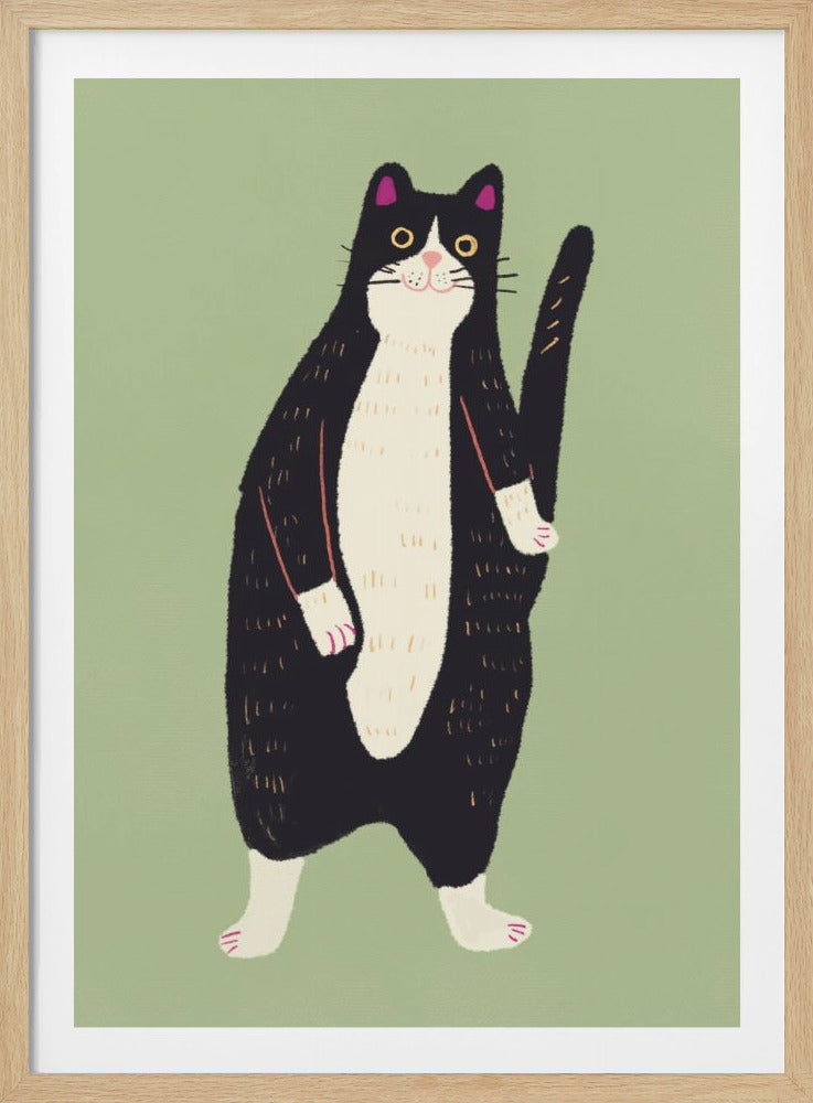 A whimsical illustration of a chubby black and white tuxedo cat standing on its hind legs against a solid sage green background. The cat has a long body, yellow eyes, a pink nose, and its tail is held up in the air. The art style is simple and charming. Artwork