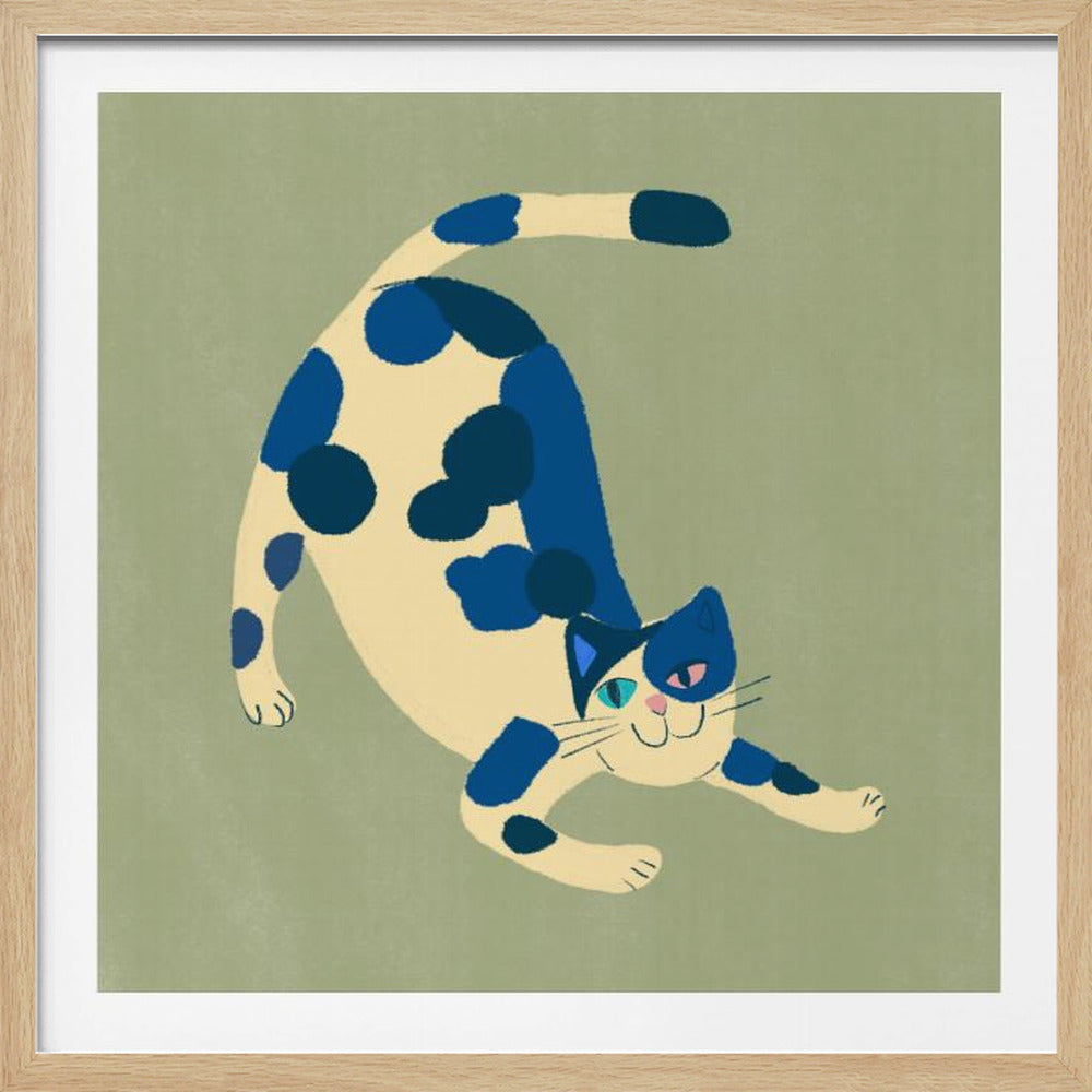 A playful, stylized illustration of a cream-colored cat with large blue spots, stretching with an arched back. The cat has mismatched eyes, one turquoise and one pink, and a content expression. The background is a solid sage green, and the artwork is enclosed in a light wood frame. Poster