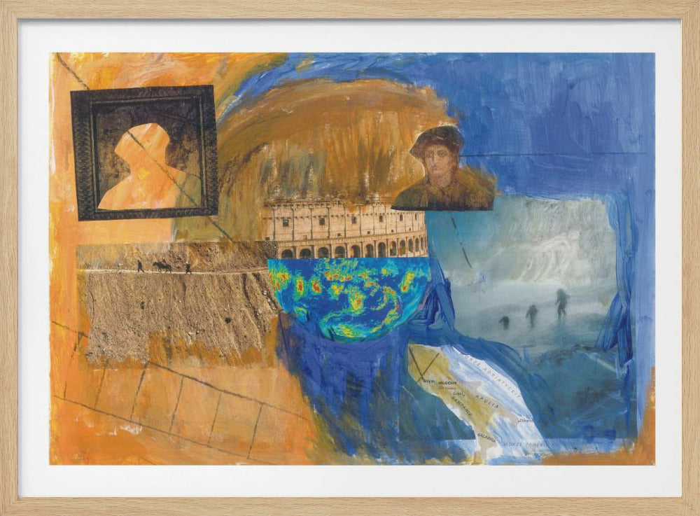 An abstract mixed-media collage in a silver frame, featuring prominent blue and orange painted sections. The collage includes images of the Roman Colosseum, a weather map, a framed silhouette, a historical portrait, a map of Italy, and various photographic scenes, creating a layered and complex composition. Wall Art
