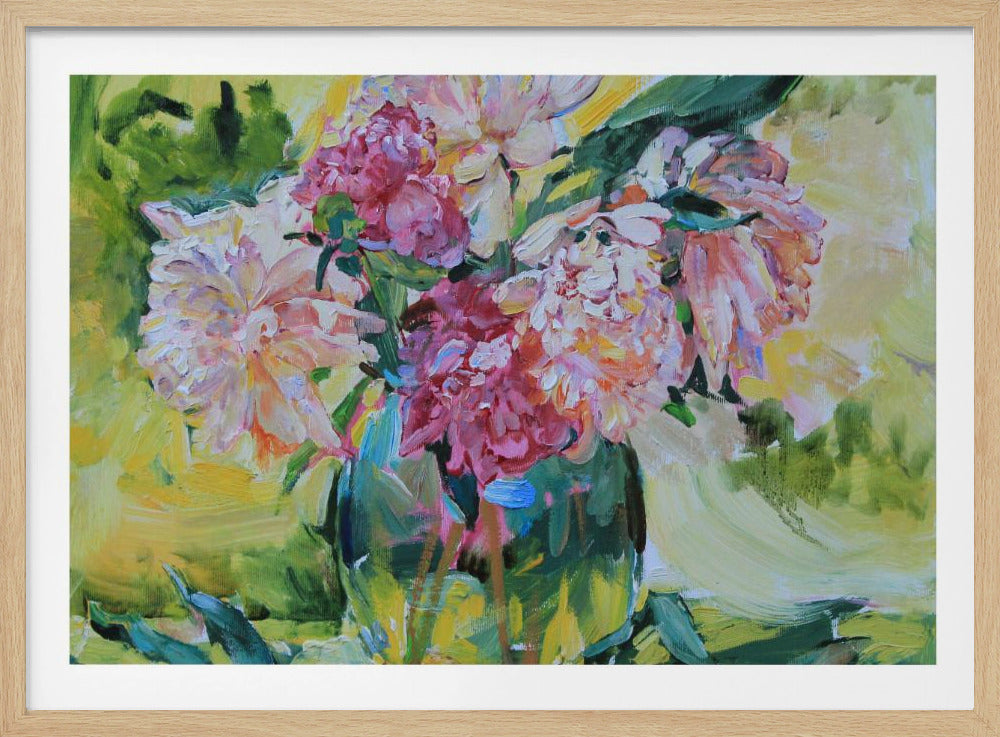 An impressionistic painting of a lush bouquet of pink and white peonies in a glass vase. The background is a vibrant mix of yellow and green, and the entire piece is characterized by thick, textured brushstrokes and set within a silver frame. Artwork
