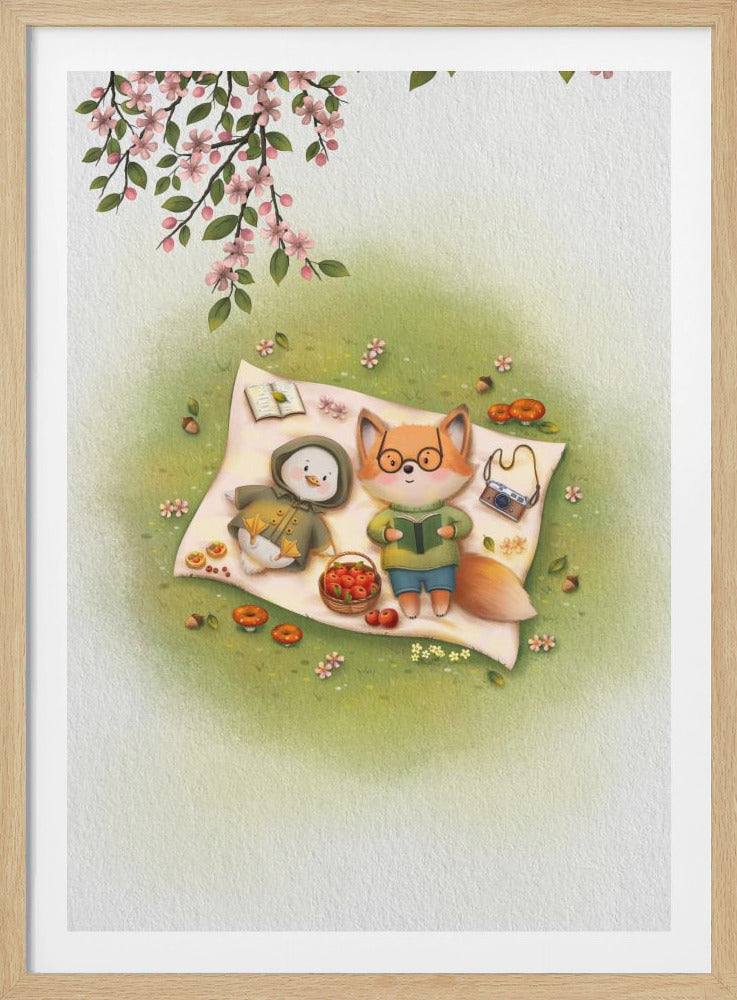 A watercolor-style illustration of a flowering branch with delicate pink blossoms and green leaves hanging from the top left corner. The background is a textured white paper with a subtle green wash, and the artwork is enclosed in a simple black frame. Wall Art