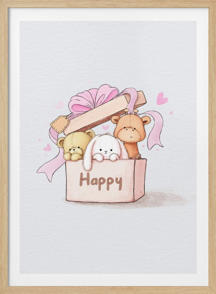 A charming watercolor illustration of three cute stuffed animals—a teddy bear, a fluffy white bunny, and a giraffe—peeking out from inside a light pink gift box. The word 'Happy' is written on the front of the box. A large pink bow and ribbon adorn the lid, and small pink hearts float in the air, all against a soft white background. Print