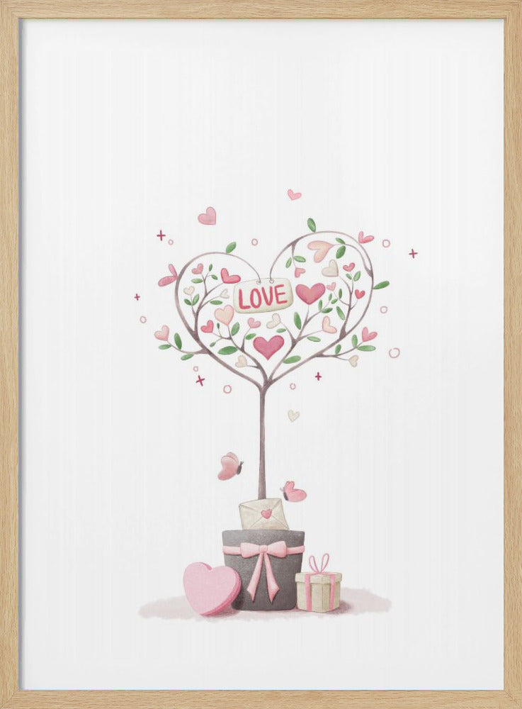 A framed watercolor illustration of a 'tree of love' on a white background. The tree's branches form a large heart, adorned with green leaves and pink hearts. A sign reading 'LOVE' hangs in the center. The tree grows from a gray pot with a pink bow, surrounded by a heart-shaped box and a small gift. Print