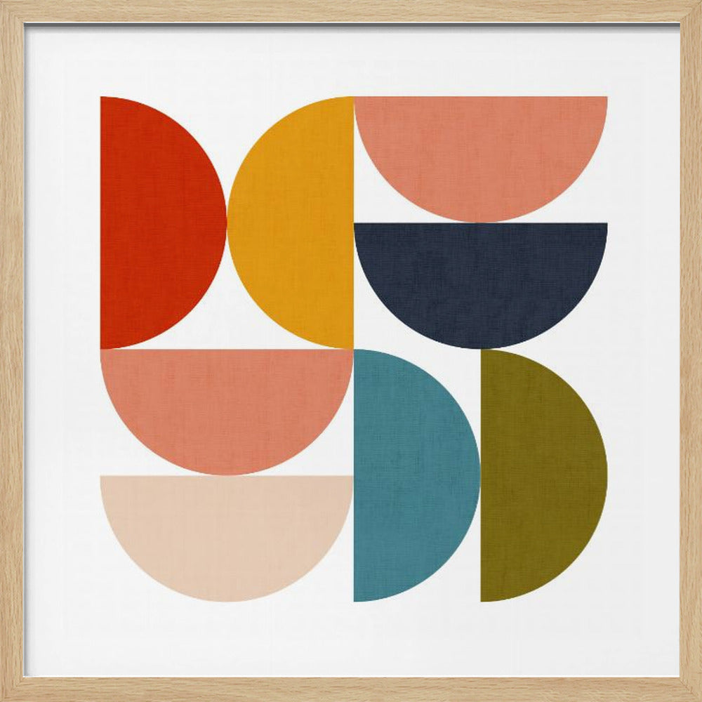 A framed abstract art print with a grid of eight colorful, textured semicircles on a white background. The colors include red, yellow, coral, navy blue, teal, and olive green, arranged in a playful geometric pattern. Poster