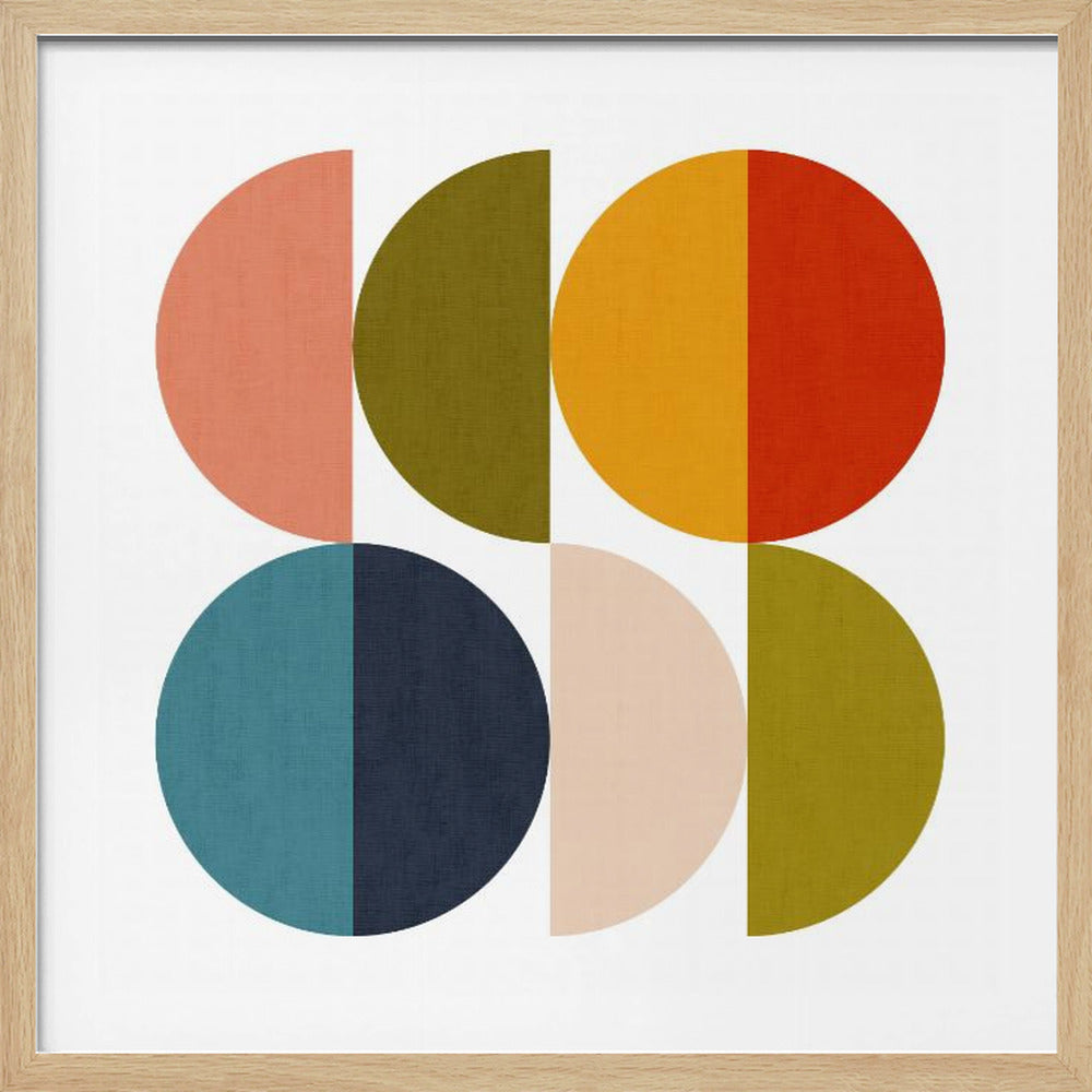 A framed abstract art piece with a 2x2 grid of colorful circles against a white background. Each circle is split vertically into two different solid colors, including shades of orange, green, blue, and pink, creating a bold, geometric mid-century modern design. Wall Art