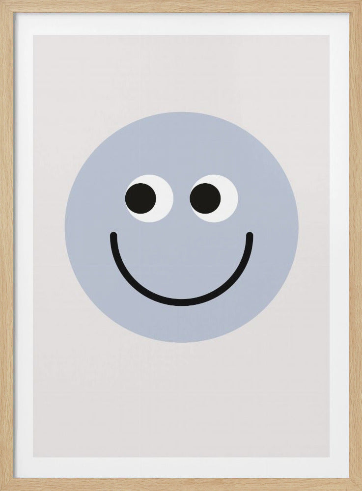 A framed art print featuring a large, light blue smiley face on an off-white background. The face has two round white eyes with black pupils looking slightly to the side, and a wide, curved black smile. Wall Art