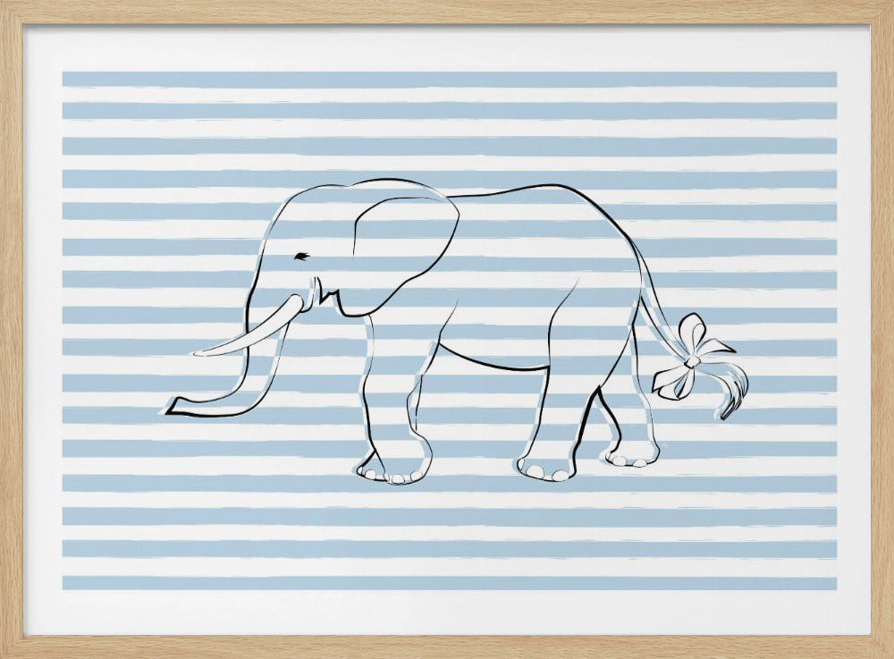 A simple black line drawing of an elephant with a bow tied on its tail, set against a background of light blue and white horizontal stripes. The artwork is presented in a silver frame. Artwork