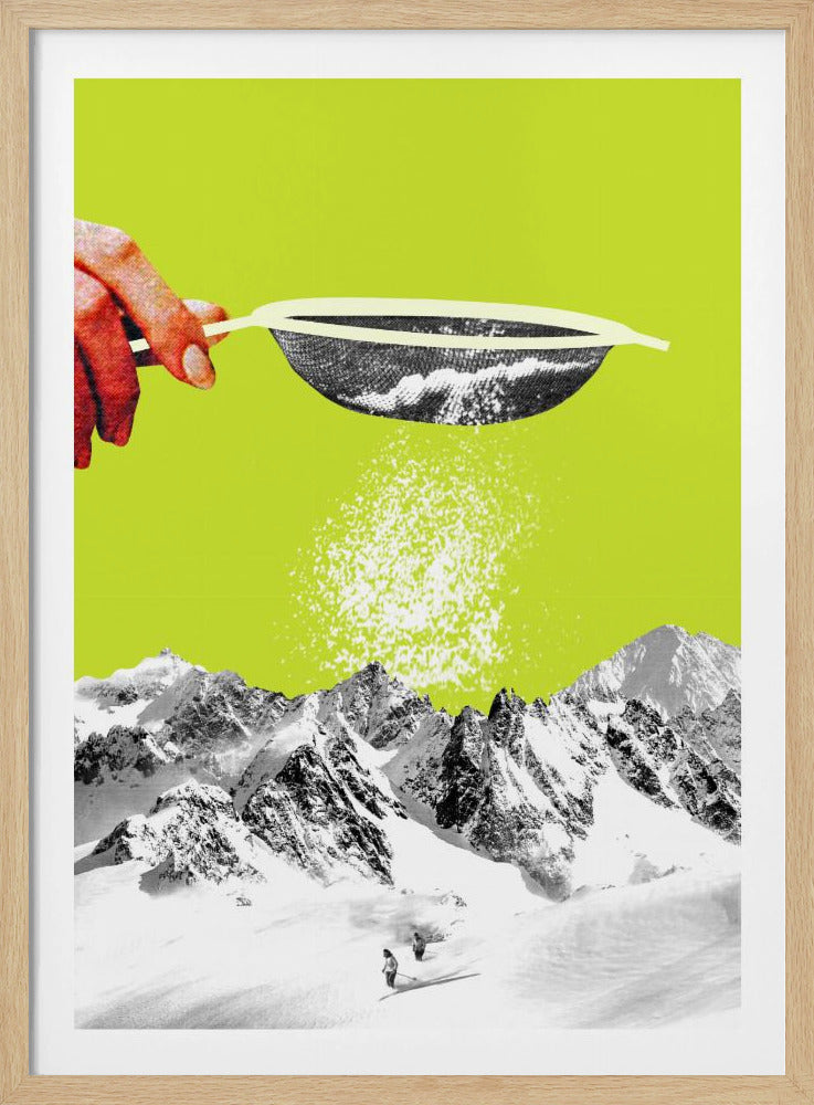 A surrealist pop art collage featuring a hand sifting snow from a sieve onto a black and white photograph of a snowy mountain range with skiers, all set against a vibrant lime green background. Artwork
