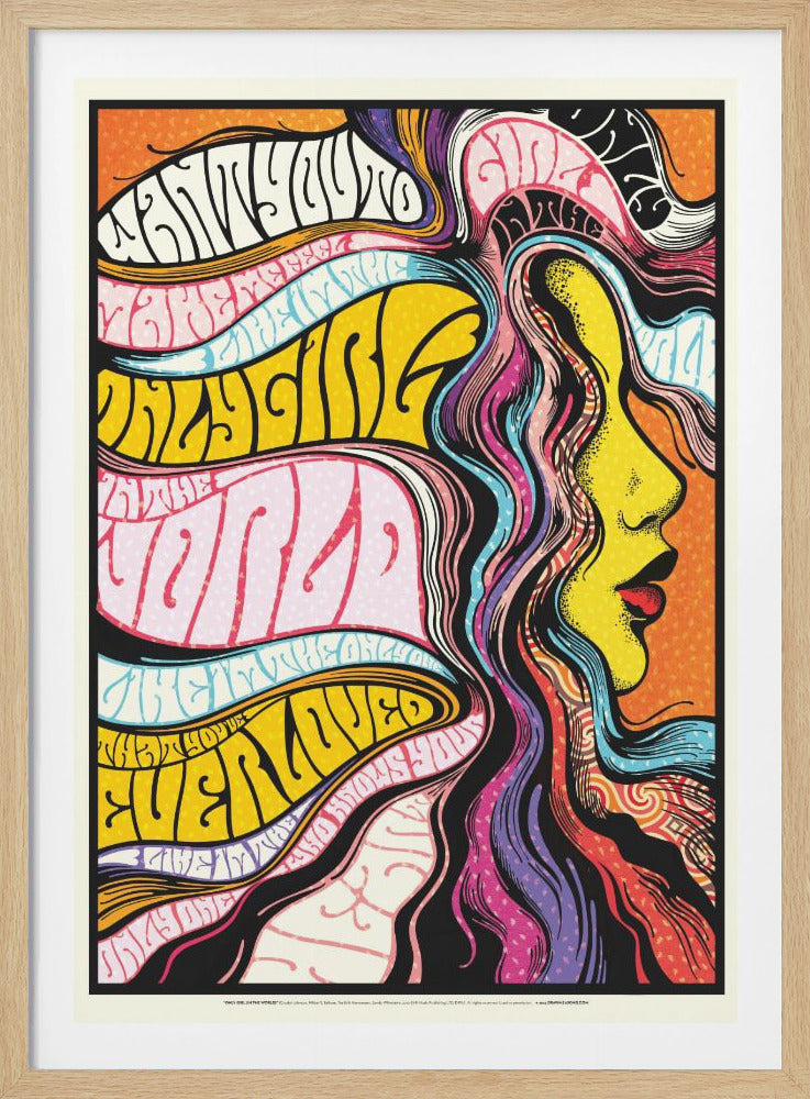 A vibrant psychedelic art poster featuring the profile of a woman with yellow skin and red lips. Her long, flowing hair is composed of multicolored, wavy bands of stylized, warped text against a textured orange background, all enclosed in a black frame. Artwork