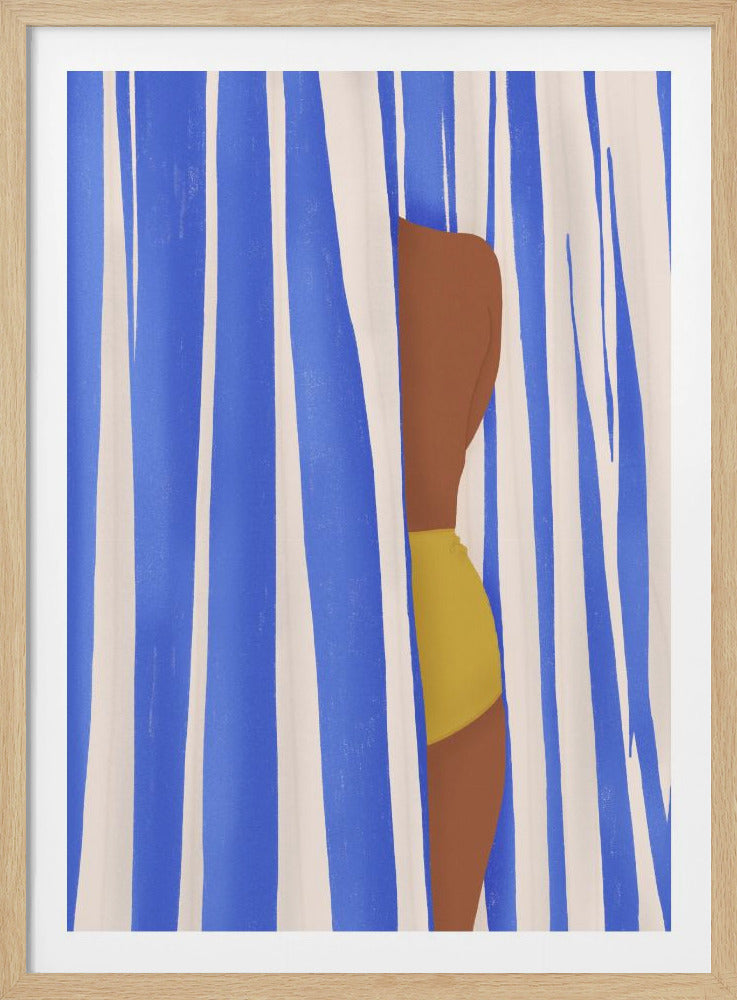A minimalist illustration of a woman with tan skin in yellow bikini bottoms partially peeking out from behind a blue and white striped curtain or towel. Poster