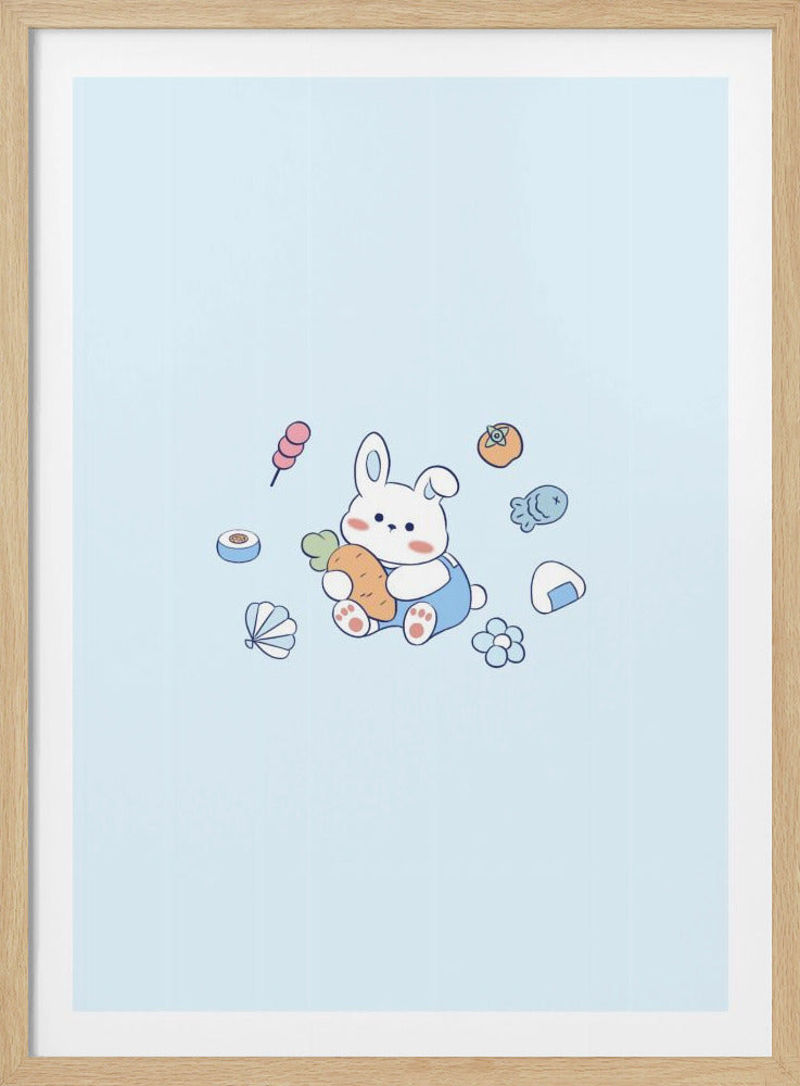 A cute cartoon illustration of a white bunny in blue overalls hugging a large carrot. The bunny is surrounded by small drawings of Japanese food like dango, onigiri, and sushi on a light blue background, all within a black frame. Print