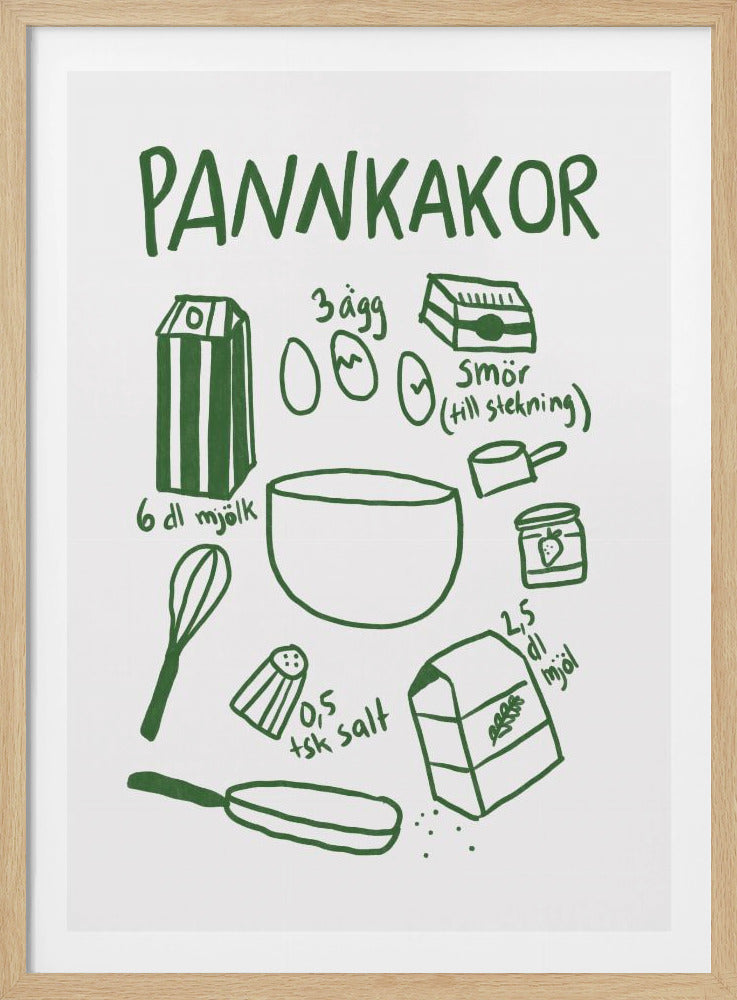 A framed art print of a hand-drawn recipe for Swedish pancakes, titled 'PANNKAKOR'. The illustrations are in a simple green line-art style on a white background, showing ingredients like milk, eggs, flour, and butter with their quantities written in Swedish. Cooking tools such as a bowl, whisk, and pan are also depicted. Poster
