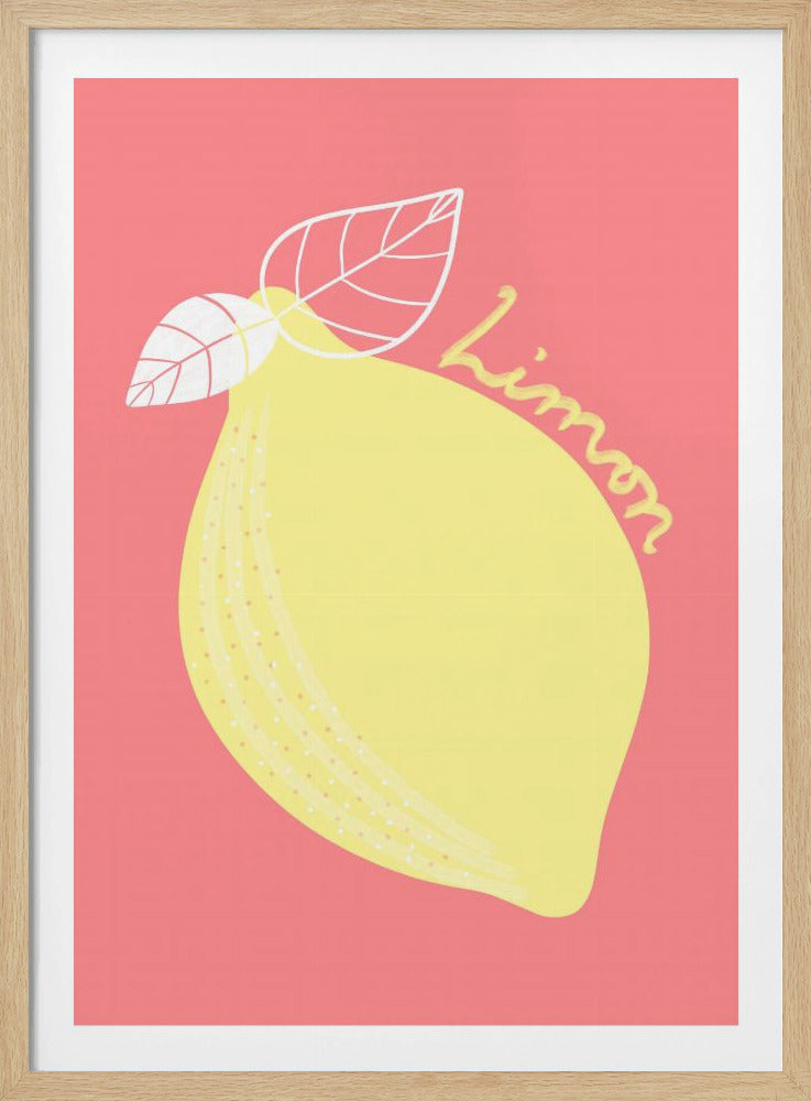 A stylized illustration of a large yellow lemon on a solid pink background. The lemon has two white-outlined leaves, and the word 'Limon' is written in cursive script across the fruit. The artwork is enclosed in a thin black frame. Print