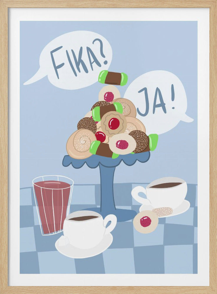 A cartoon illustration of a Swedish 'fika' or coffee break. A tiered platter is piled high with various pastries and cookies. In the background, two speech bubbles say 'FIKA?' and 'JA!'. Two white cups of coffee and a glass of red juice sit on a blue checkered tablecloth. Print