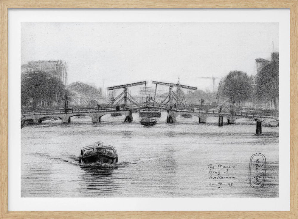 A framed black and white pencil drawing of the Magere Brug, a famous bridge in Amsterdam. The drawbridge is depicted over a canal with a boat in the foreground, creating a classic European city scene. Wall Art