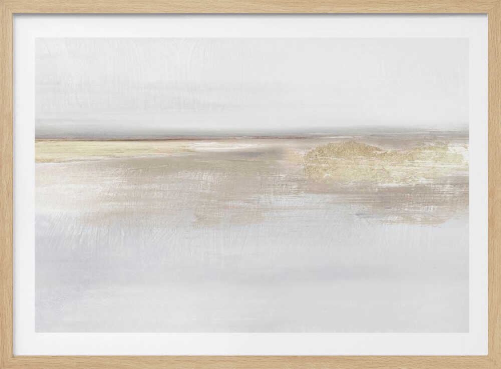 Abstract landscape art in neutral beige and white tones with shimmering gold details, set in a modern silver frame.