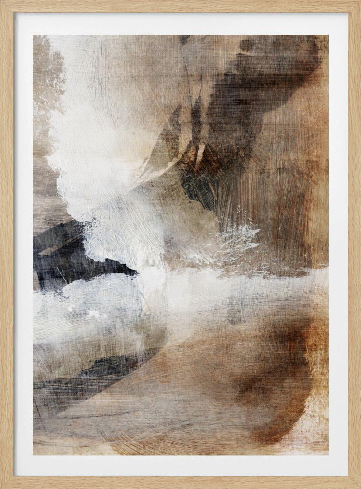 A vertical abstract painting featuring a dynamic composition of broad, textured brushstrokes in earthy tones. Shades of brown, beige, and gray are layered with bold swathes of white and deep black, creating depth and a sense of movement. The piece is enclosed in a thin black frame. Print