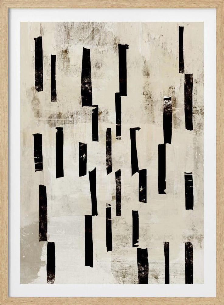 An abstract painting in a black frame featuring a textured, light beige and off-white background with numerous thick, vertical black brushstrokes scattered across the canvas in a staggered pattern. Print