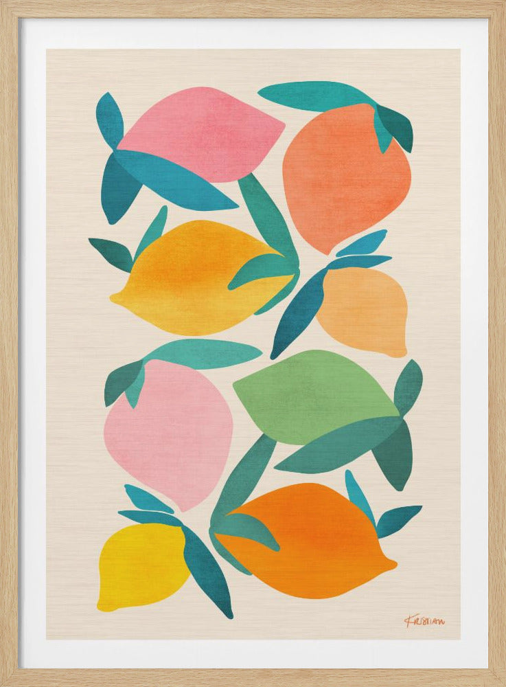 A modern art print featuring a pattern of stylized citrus fruits in vibrant pink, orange, yellow, and green. The fruits have bold teal leaves and are arranged against a light beige, wood-textured background, all enclosed in a thin black frame. Poster