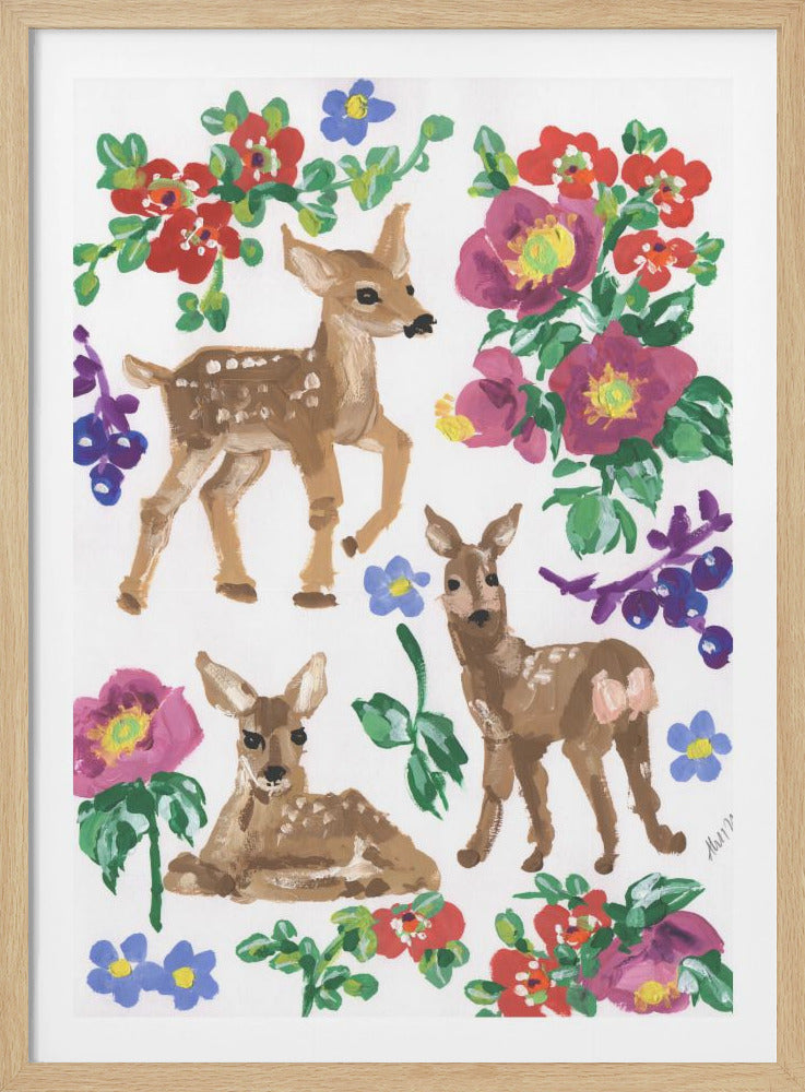 A whimsical painting on a white background featuring three spotted fawns interspersed with colorful flowers. The flowers are red, magenta, and blue, with green leaves and purple berries. The fawns are in various poses: one standing, one walking, and one lying down. Artwork