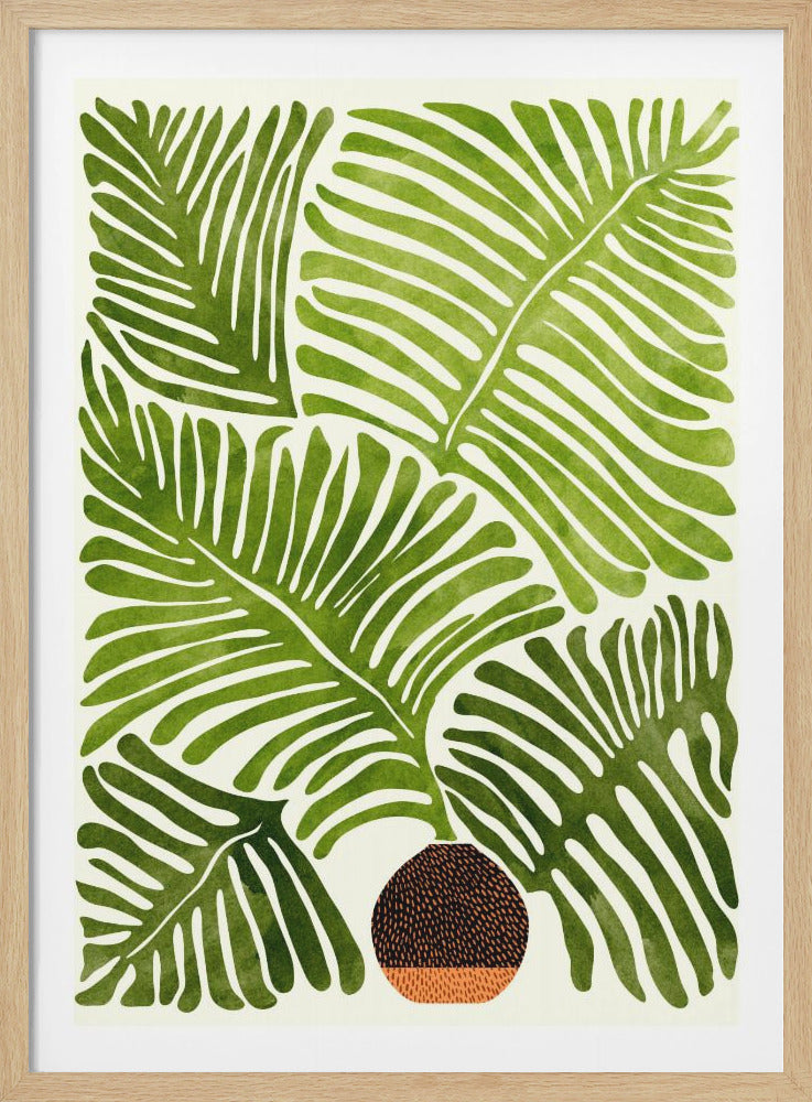 A stylized watercolor painting of large, green tropical leaves against a cream-colored background. The leaves fill the frame with their bold, finger-like shapes. At the bottom center, a round, textured object in shades of brown and orange provides a contrasting element. The entire piece is framed in black. Artwork