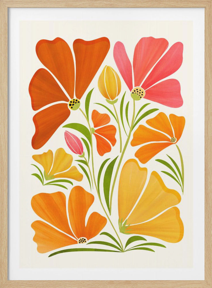 A stylized illustration of various flowers in shades of orange, pink, and yellow against a cream background. The flowers have large, simple petals, green stems and leaves, and are arranged in a dense, vertical composition, creating a vibrant and modern botanical artwork. Decor