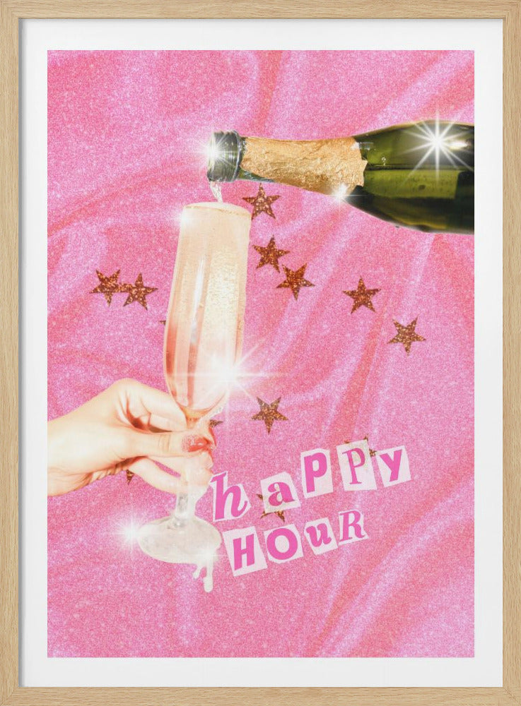 A pop art style photograph of champagne being poured into a flute against a glittery pink background. A hand with pink nail polish holds the glass, and gold glitter stars are scattered around. The words 'happy hour' are collaged at the bottom right, with bright lens flares adding to the sparkly, celebratory mood. Decor