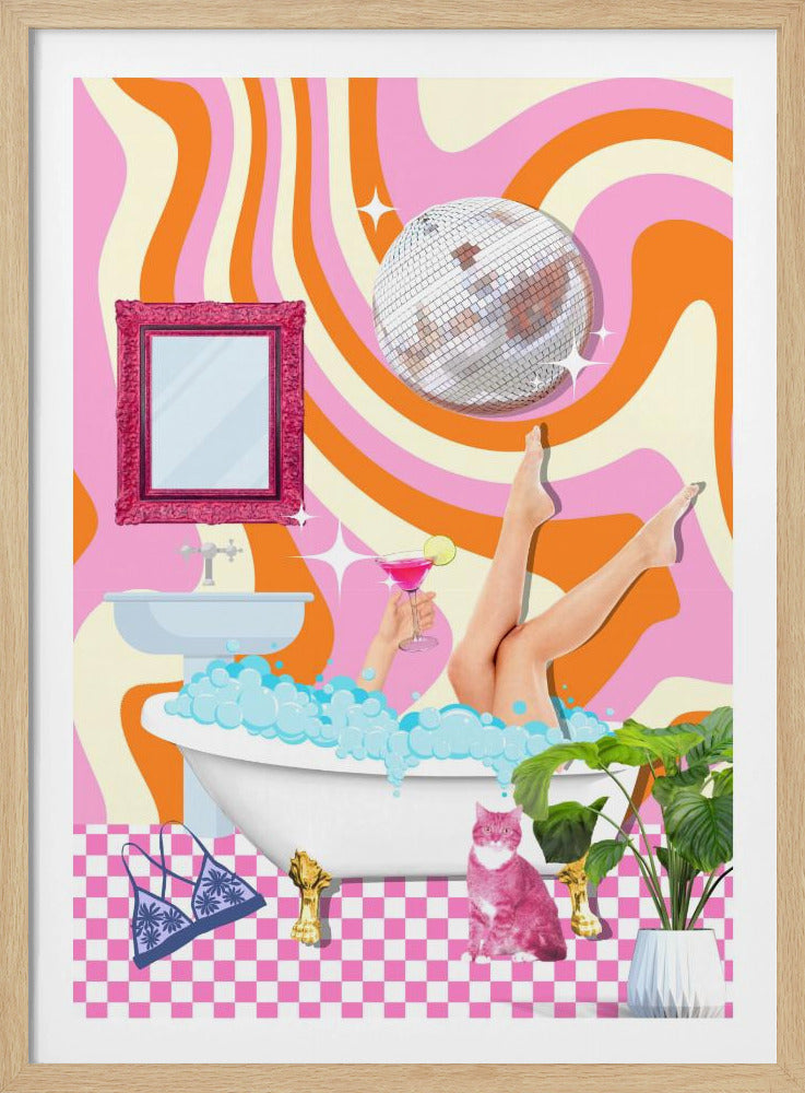 A funky, retro-style collage of a bathroom scene. A woman's legs are up in the air out of a bubble bath while she holds a pink cocktail. A disco ball hangs above, against a psychedelic background of wavy pink, orange, and cream stripes. A pink cat sits on the pink and white checkered floor next to the tub. Decor