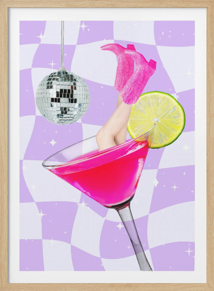 A surreal pop art collage featuring legs wearing pink cowboy boots sticking out of a large martini glass filled with a pink cocktail. The glass is garnished with a lime slice, and a silver disco ball hangs nearby against a lavender and white warped checkerboard background with sparkles. Print