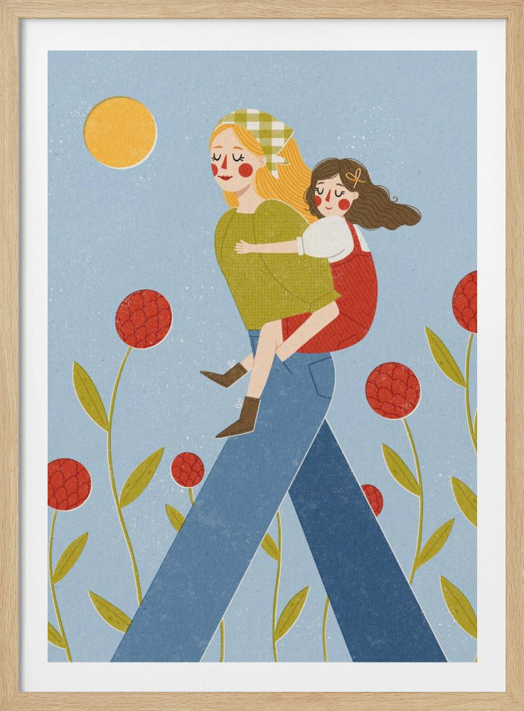 A charming illustration of a mother giving her young daughter a piggyback ride through a field of tall, stylized red flowers. The mother wears a green shirt and bandana, and the daughter wears a red jumper. They are walking under a yellow sun against a light blue, textured sky. Poster