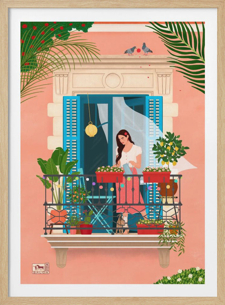 A colorful illustration of a woman with long dark hair watering plants on a sunny balcony. She is surrounded by lush greenery, including red flowers in planters, a small lemon tree, and other potted plants. The building has a pink wall, blue shutters, and a black wrought-iron railing. Two pigeons sit on the ledge above, and a small cat is visible at the woman's feet. Decor