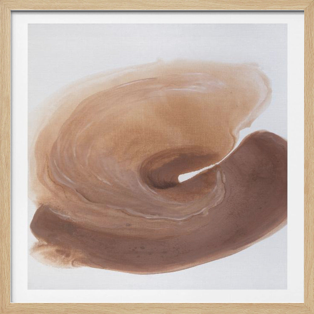 An abstract painting in a light wood frame. The artwork on a white canvas features a large, swirling organic shape painted with broad brushstrokes in shades of brown and beige, creating a sense of fluid motion. Decor