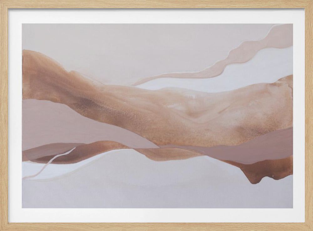 A horizontal abstract painting with a muted, earthy color palette, featuring flowing, overlapping shapes in various shades of brown, beige, and off-white that evoke a sense of rolling hills or sand dunes. The artwork is presented in a thin, silver-colored frame. Print