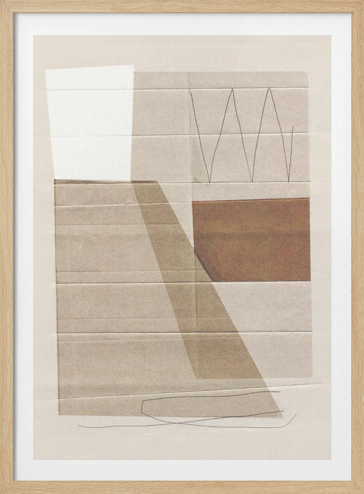 A framed abstract collage featuring layered paper textures. The background is a beige, horizontally ridged paper, overlaid with a bright white shape, a translucent diagonal shadow, a solid brown rectangle, and hand-drawn black zigzag and looping lines. Poster