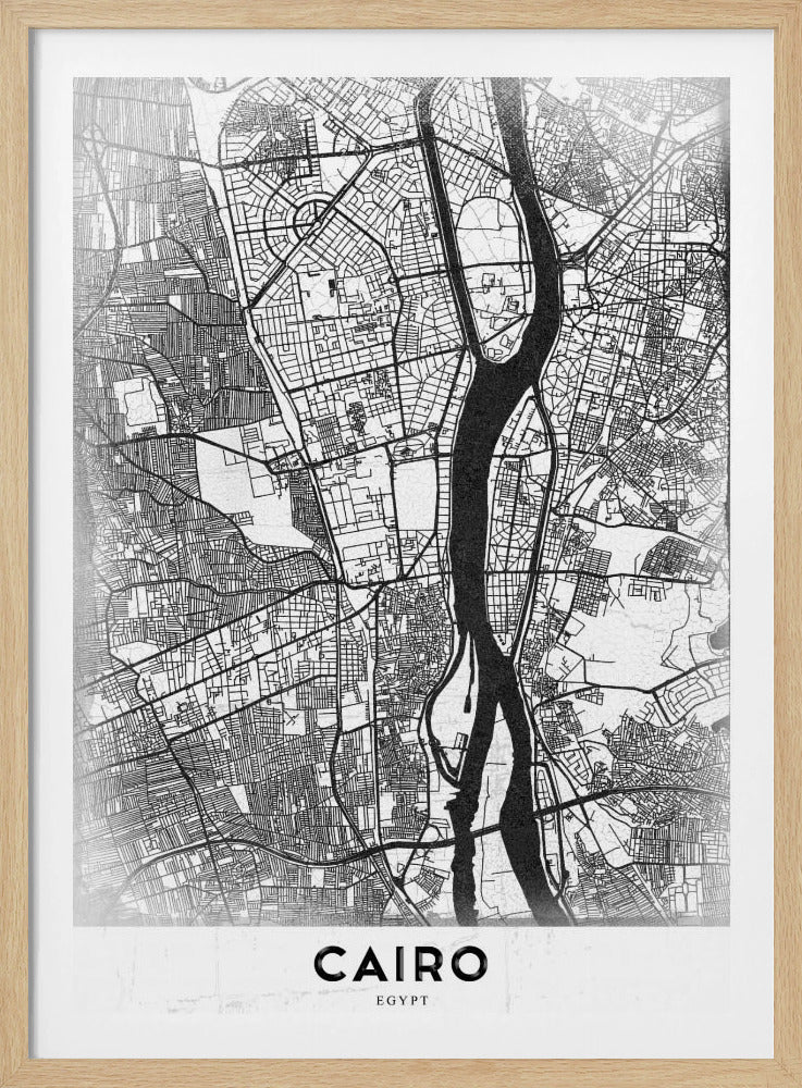 A minimalist black and white framed poster of a street map of Cairo. The Nile River flows vertically through the center of the detailed city grid. The word 'CAIRO' is printed in a bold, black, sans-serif font at the bottom. Decor