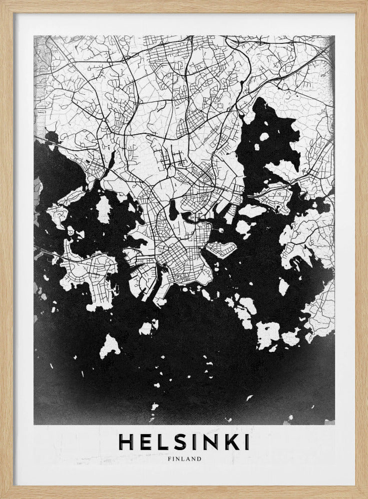 A modern black and white map of Helsinki, Finland, presented in a black frame. The city's street grid is detailed in white lines on a textured black background representing the water, creating a high-contrast, minimalist design. The name 'HELSINKI' is printed in bold capital letters at the bottom on a white banner. Artwork