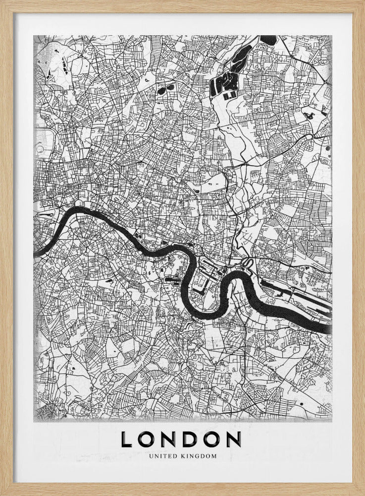 A minimalist black and white map of London, featuring the River Thames snaking through a detailed network of streets. The map is enclosed in a simple black frame, with the word 'LONDON' printed in a bold, modern font at the bottom. Artwork