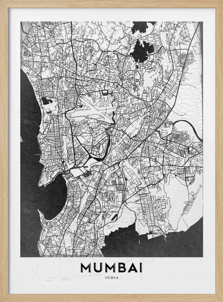 A minimalist black and white framed map of Mumbai. The city's intricate road network is depicted in black lines on a white background, with surrounding water bodies shown in a textured dark grey. The name 'MUMBAI' is in bold, uppercase letters at the bottom. Print