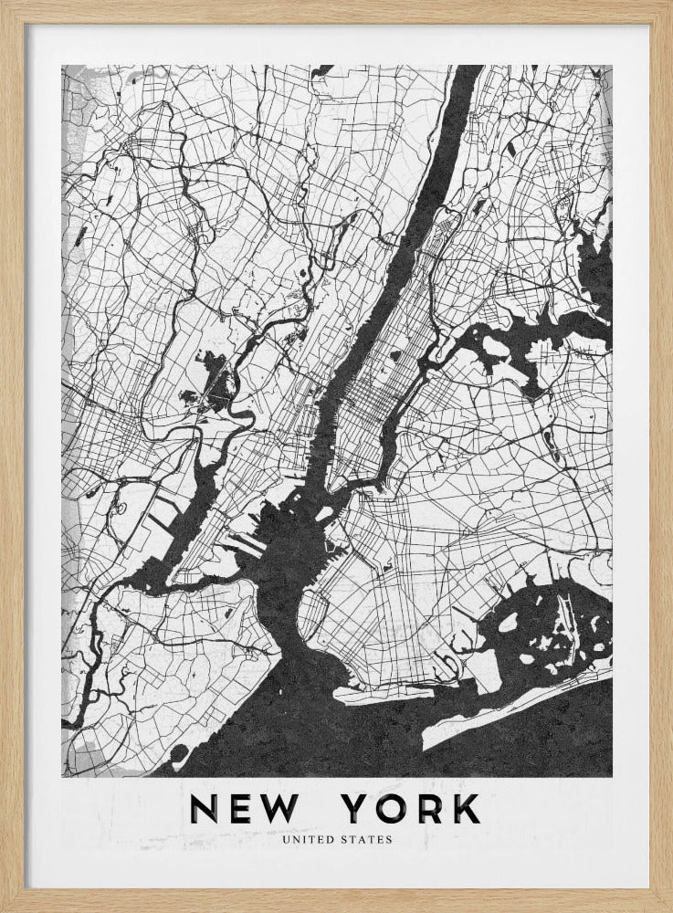 A minimalist black and white map of New York City. The land is depicted in white with a network of black lines for streets, while the rivers and bay are solid black. The artwork is enclosed in a thin black frame, and at the bottom, a white border contains the text 'NEW YORK' in a bold, black, sans-serif font. Wall Art