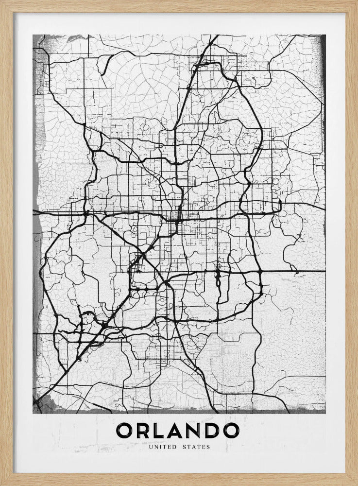 A minimalist black and white street map of Orlando, Florida, displayed in a black frame. The map consists of black lines representing the city's road network on a distressed, crackled white background. At the bottom, the word 'ORLANDO' is printed in a bold, black, sans-serif font on a white banner. Poster