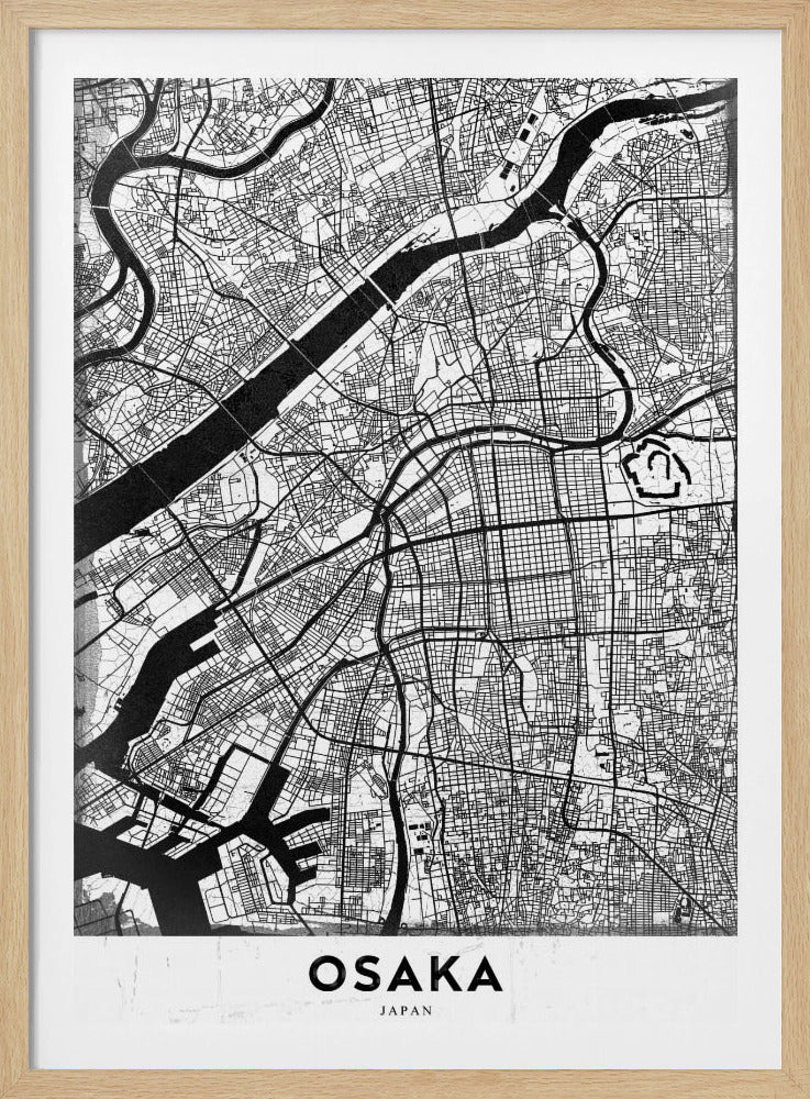 A framed black and white map of Osaka, Japan. The map details the city's streets, blocks, and rivers in a modern, graphic style. At the bottom, a white border contains the word 'OSAKA' in a bold, black, sans-serif font. Print
