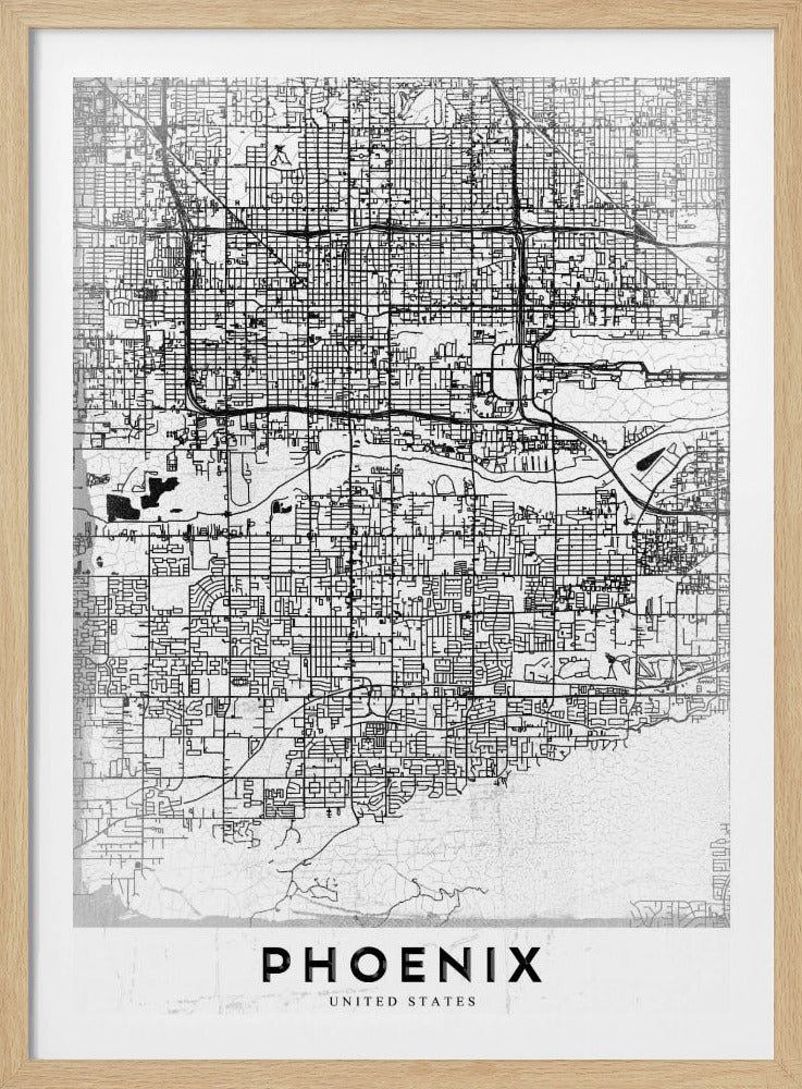 A minimalist black and white street map of Phoenix, Arizona, presented in a black frame. The map features a dense grid of roads on a lightly textured white background, with the city's name 'PHOENIX' printed in large, black capital letters at the bottom. Wall Art