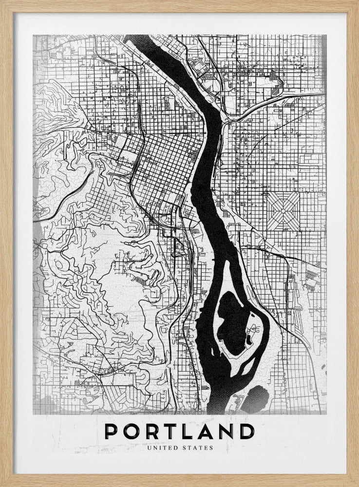 A framed, black and white street map of Portland, Oregon. The map is stylized with black lines for streets on a textured white background, and the Willamette River is depicted in solid black. The word 'PORTLAND' is written in a bold, black, sans-serif font at the bottom. Decor