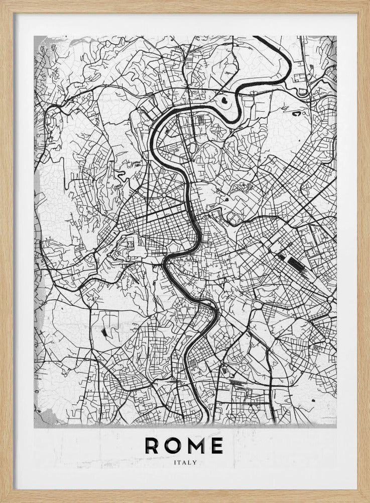 A minimalist black and white art print of a street map of Rome, Italy. The map shows the winding Tiber River flowing through the dense grid of city streets. The poster has a simple black frame and the word 'ROME' is printed in a bold, sans-serif font at the bottom. Print