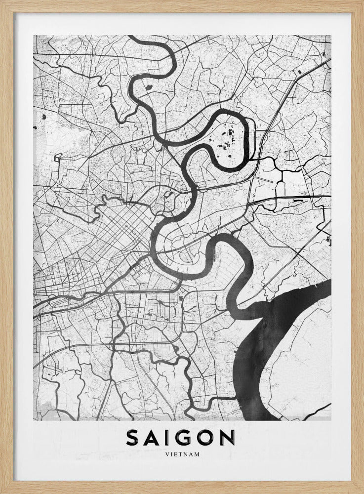 A minimalist black and white map poster of Saigon, Vietnam, displayed in a black frame. The map highlights the winding Saigon River in solid black against a white background with a complex grid of roads and smaller waterways in thin black lines. At the bottom, a white border contains the word 'SAIGON' in bold, black, capital letters. Wall Art