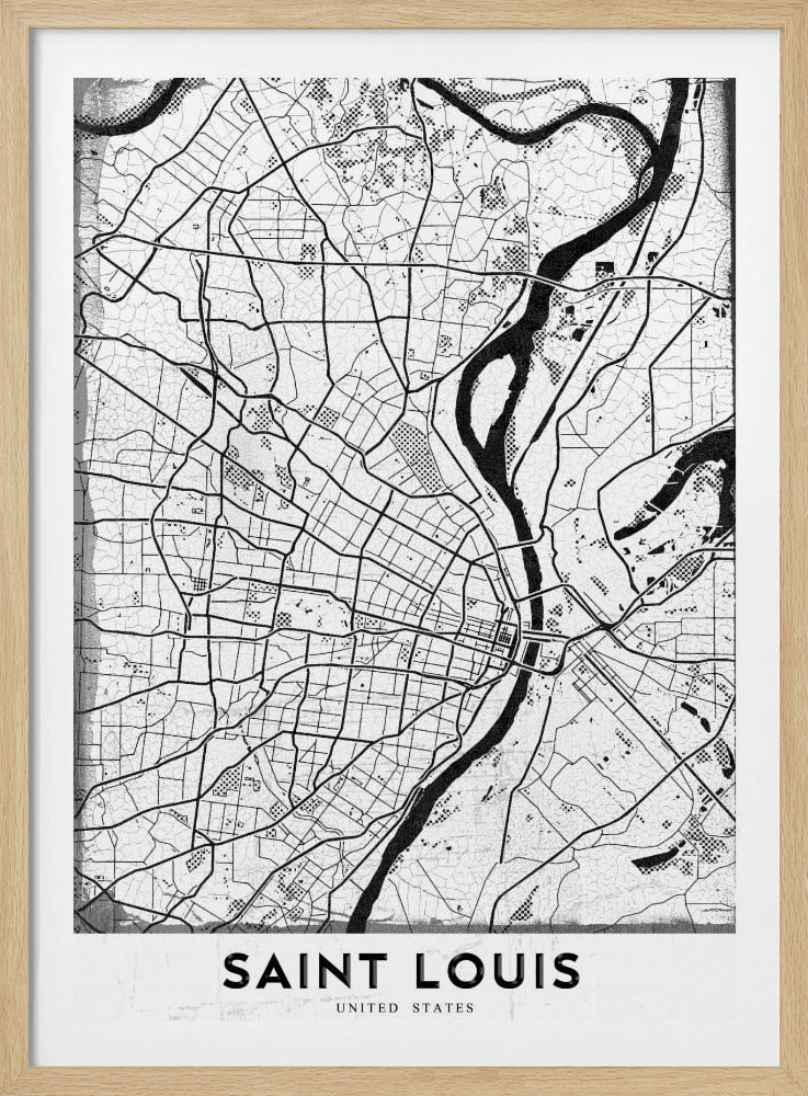 A framed, black and white artistic map of Saint Louis. The map displays a detailed grid of city streets and a prominent, winding river in a stylized, modern design with a slightly distressed texture. The city's name, 'SAINT LOUIS', is printed in a bold, sans-serif font at the bottom. Wall Art