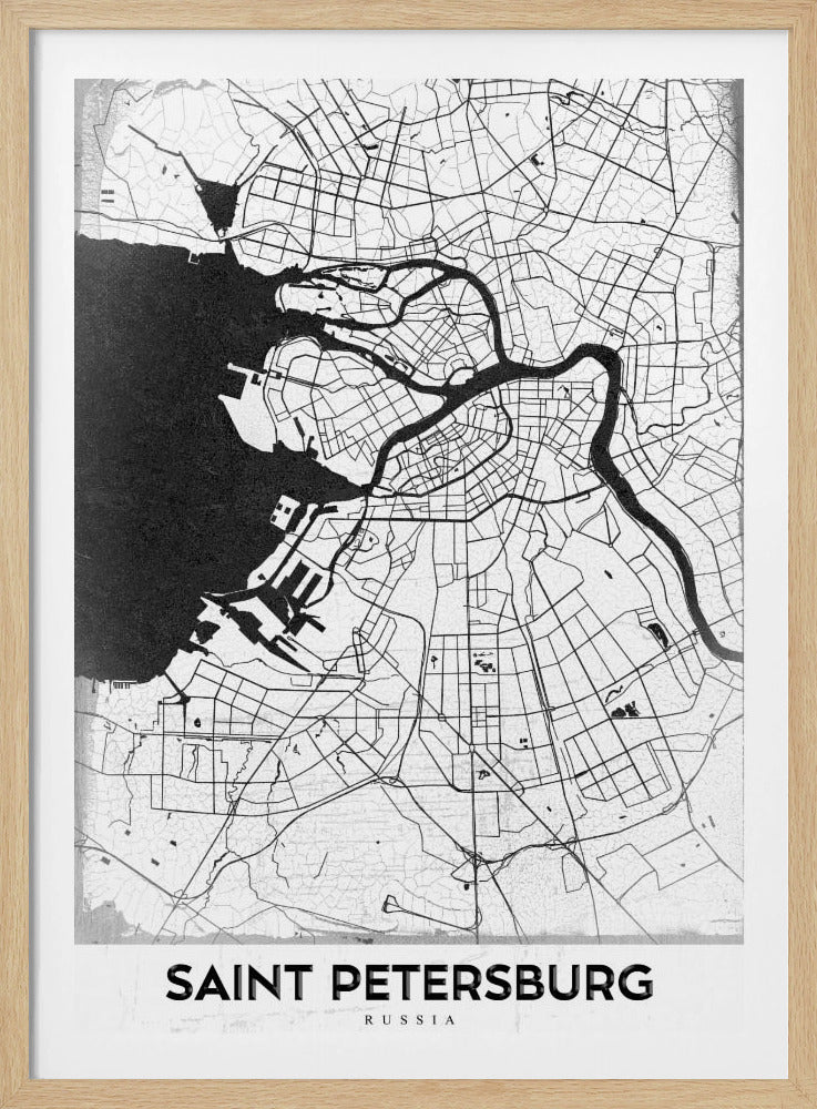 A minimalist black and white framed map of Saint Petersburg. The design features a white landmass with black lines for roads and rivers, contrasting with the solid black sea. The text 'SAINT PETERSBURG' is displayed in a bold, sans-serif font at the bottom of the map. Print